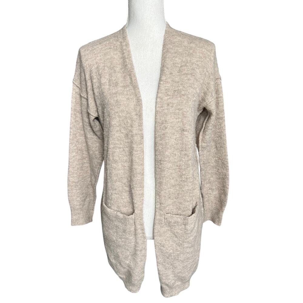 Anthropologie Light Beige Open-Front Knit Cardigan Sweater neutral lagen look